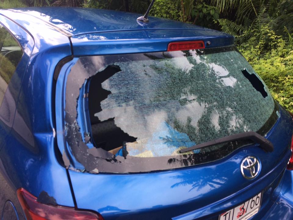 Rear window of my Toyota Yaris after baseball bat attack
