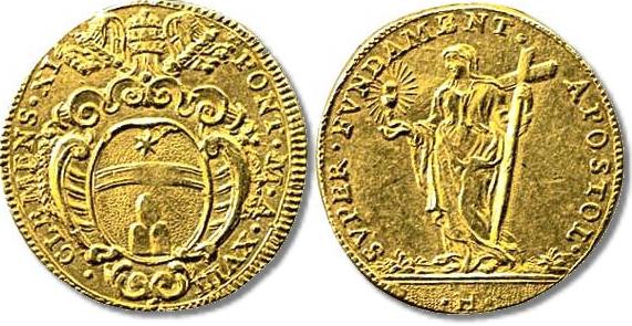 A gold Scudo minted during the reign of Pope Clement XI in 1718 (Anno XVIII) with a cup holding Fides on the reverse. (Berman 2363, KM 771)